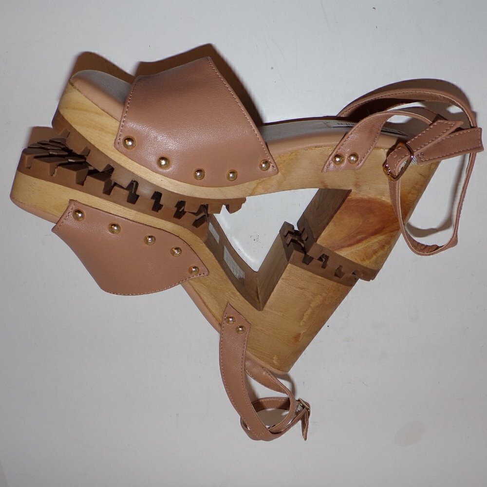 Steve Madden Ocala Tan Leather Ankle Strap Squared Open Toe Studded Wood - Picture 4 of 8